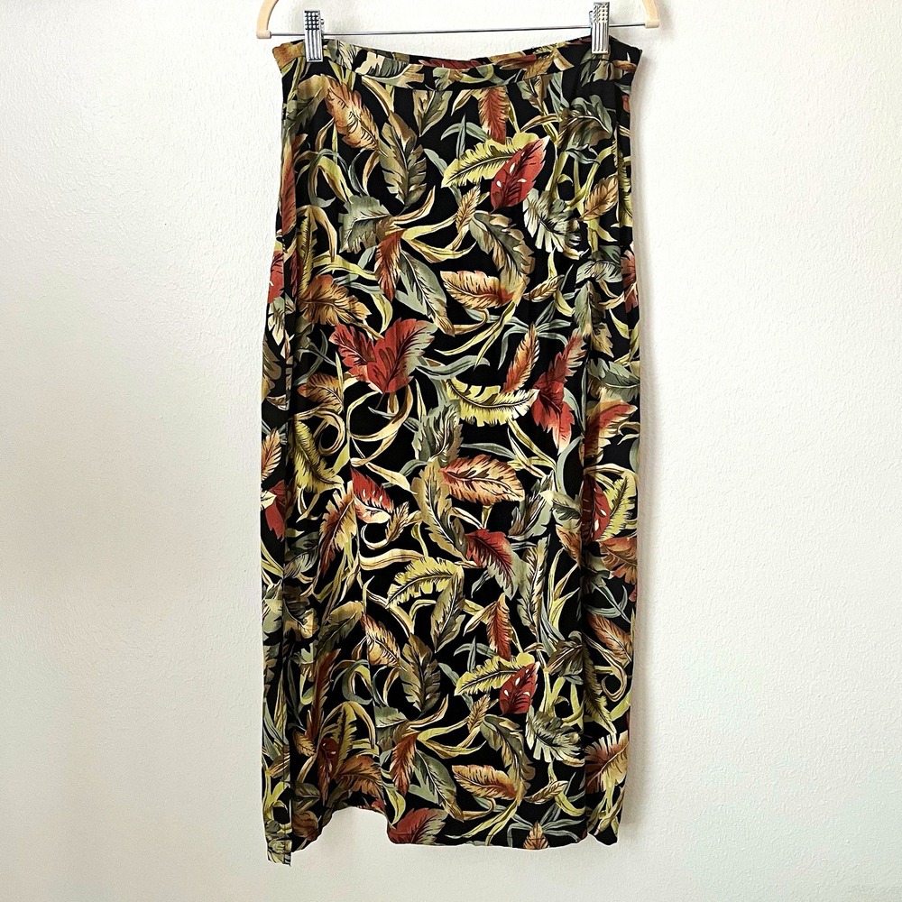 Vtg 90s black floral midi slinky skirt modest y2k office mom M rayon moody